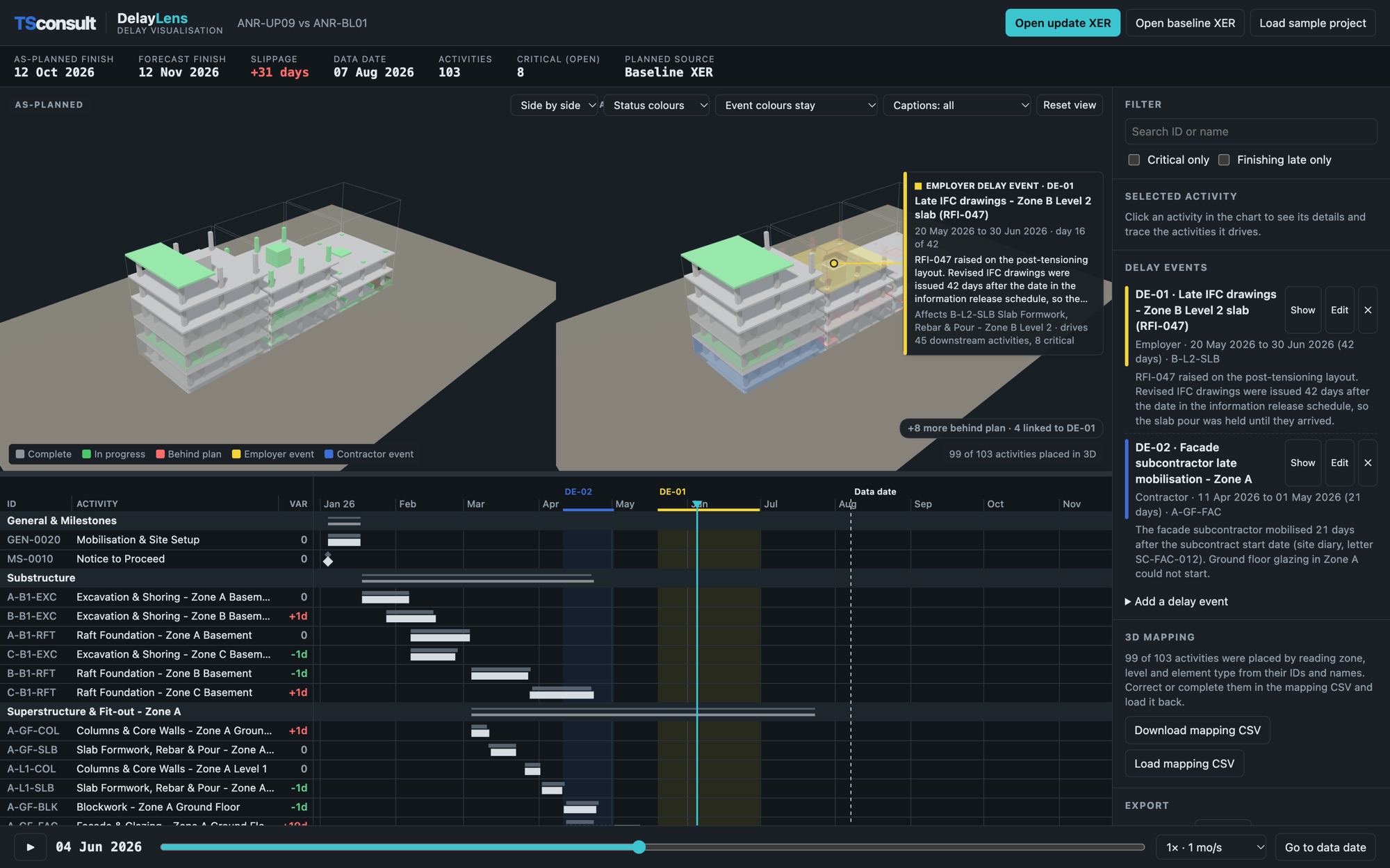 TSconsult DelayLens: as-planned and as-built 3D models side by side, with a caption explaining an Employer delay event